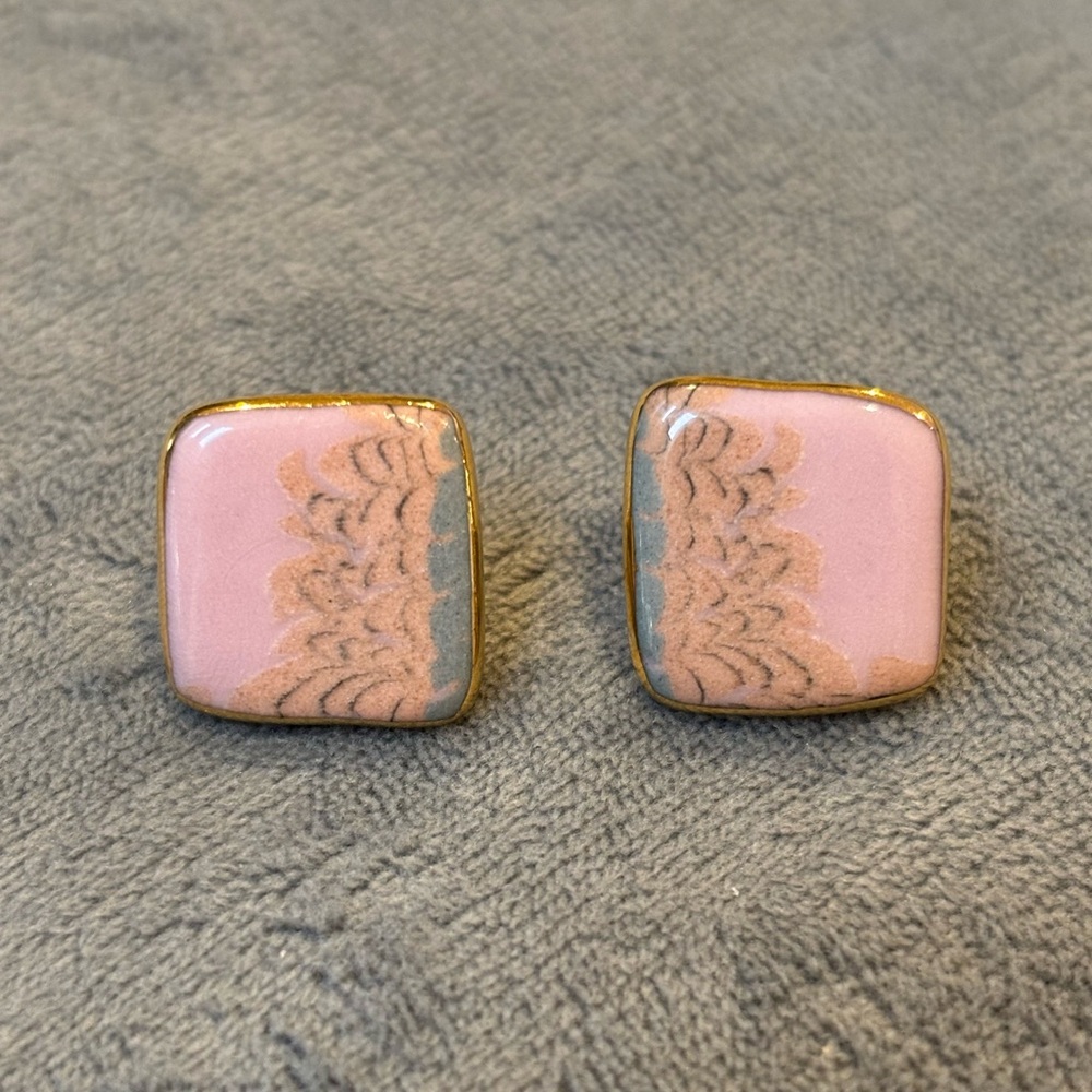 Pink & Gold Handmaid Square Ceramic Painted and Glossed Tile Earrings (Pierced)